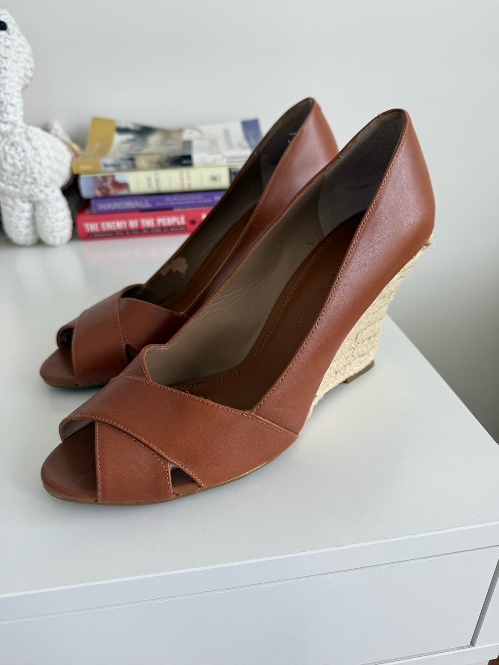 Banana Republic Cognac Leather Peep-Toe Wedge Heels